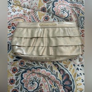 Victorias Secret Gold Sparkle Ruffle Clutch/Makeup Bag Magnetic-Faux Leather